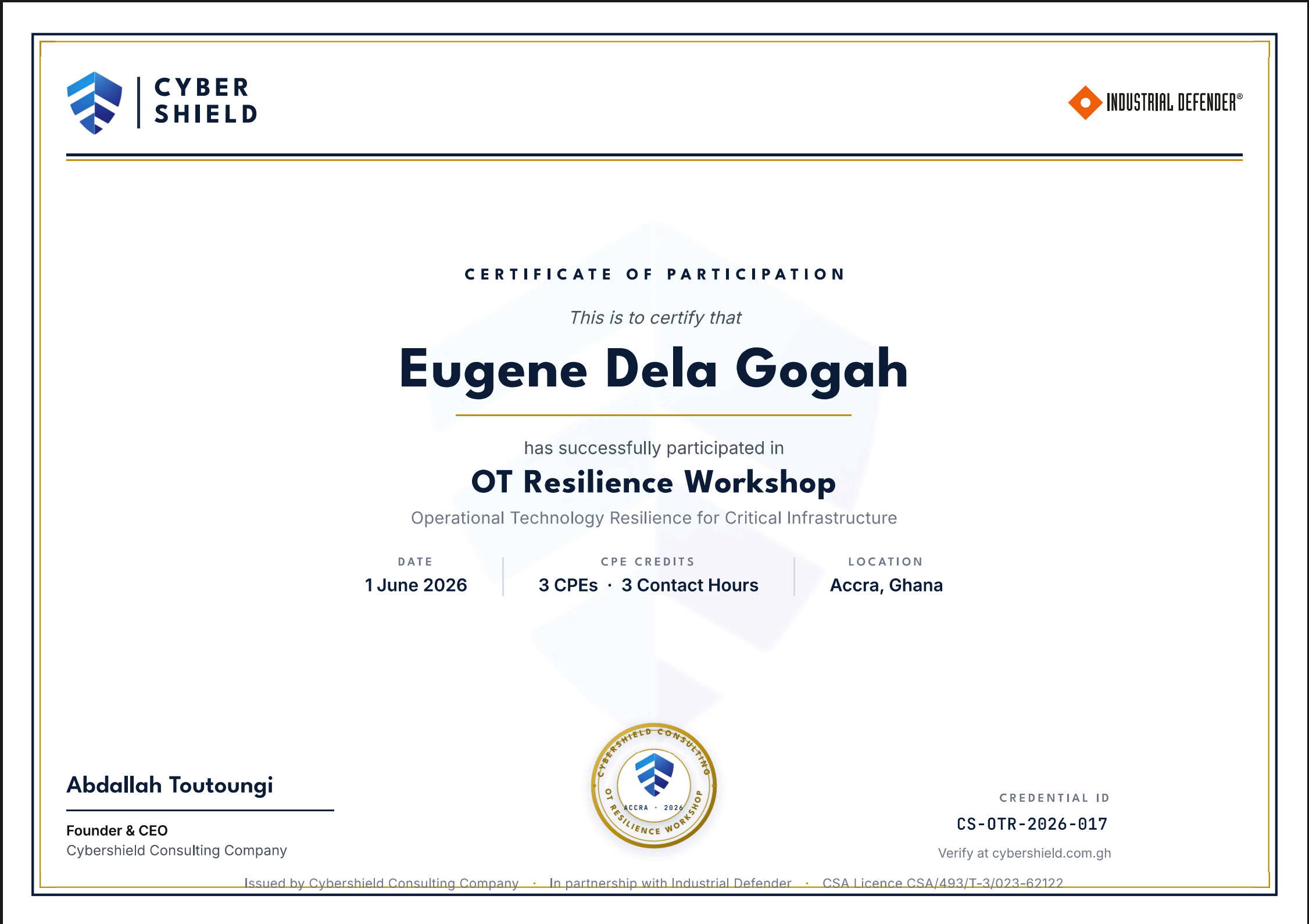 Cybershield Consulting Company OT Resilience Workshop Certificate